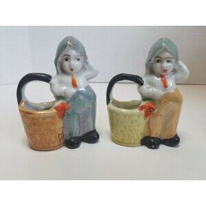 Porcelain Lusterware Made In Japan Pair Of Children With Baskets 3"×2"